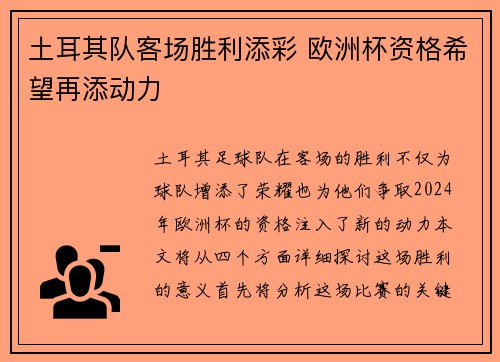 土耳其队客场胜利添彩 欧洲杯资格希望再添动力