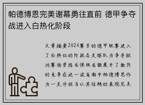 帕德博恩完美谢幕勇往直前 德甲争夺战进入白热化阶段