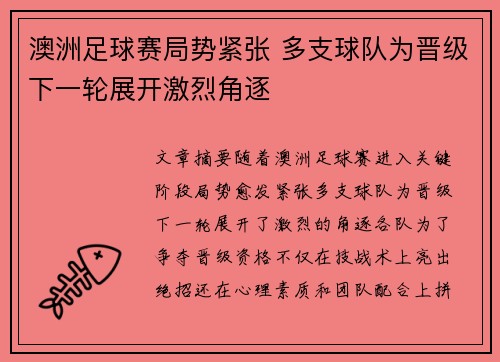 澳洲足球赛局势紧张 多支球队为晋级下一轮展开激烈角逐