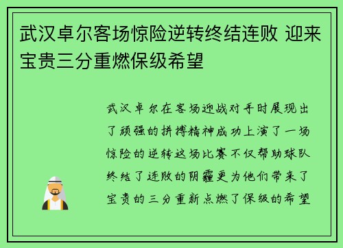 武汉卓尔客场惊险逆转终结连败 迎来宝贵三分重燃保级希望