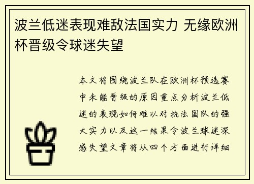 波兰低迷表现难敌法国实力 无缘欧洲杯晋级令球迷失望