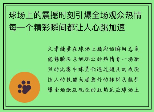 球场上的震撼时刻引爆全场观众热情每一个精彩瞬间都让人心跳加速