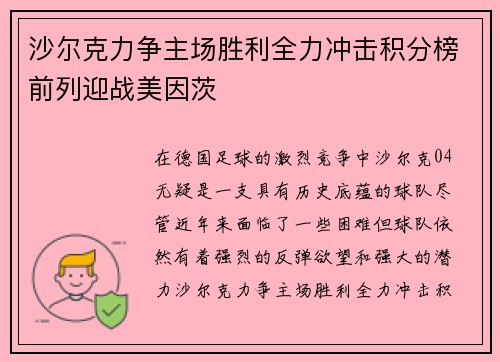 沙尔克力争主场胜利全力冲击积分榜前列迎战美因茨