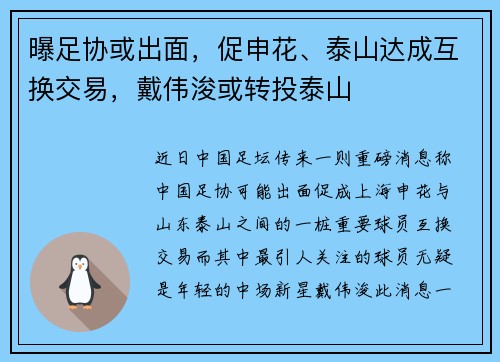 曝足协或出面，促申花、泰山达成互换交易，戴伟浚或转投泰山